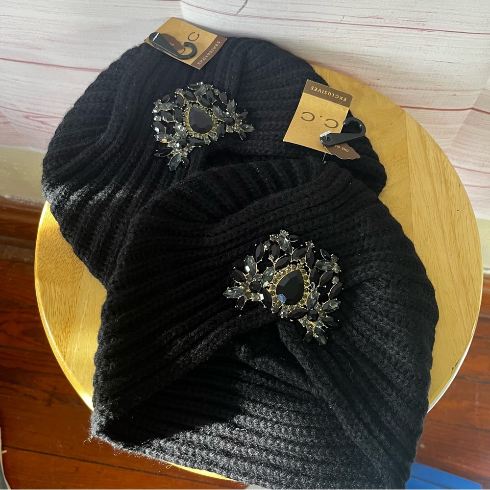 C.C Exclusives (Lot of 2) NEW Black‎ embellished knitted turban beanies